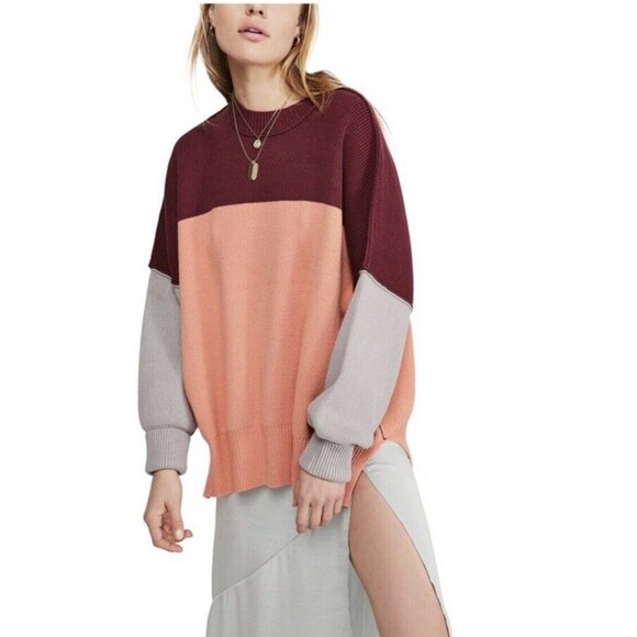 Free People Sweaters - FREE PEOPLE Sweater Color Block Long Sleeve  Small Burgundy Orange ob1043843